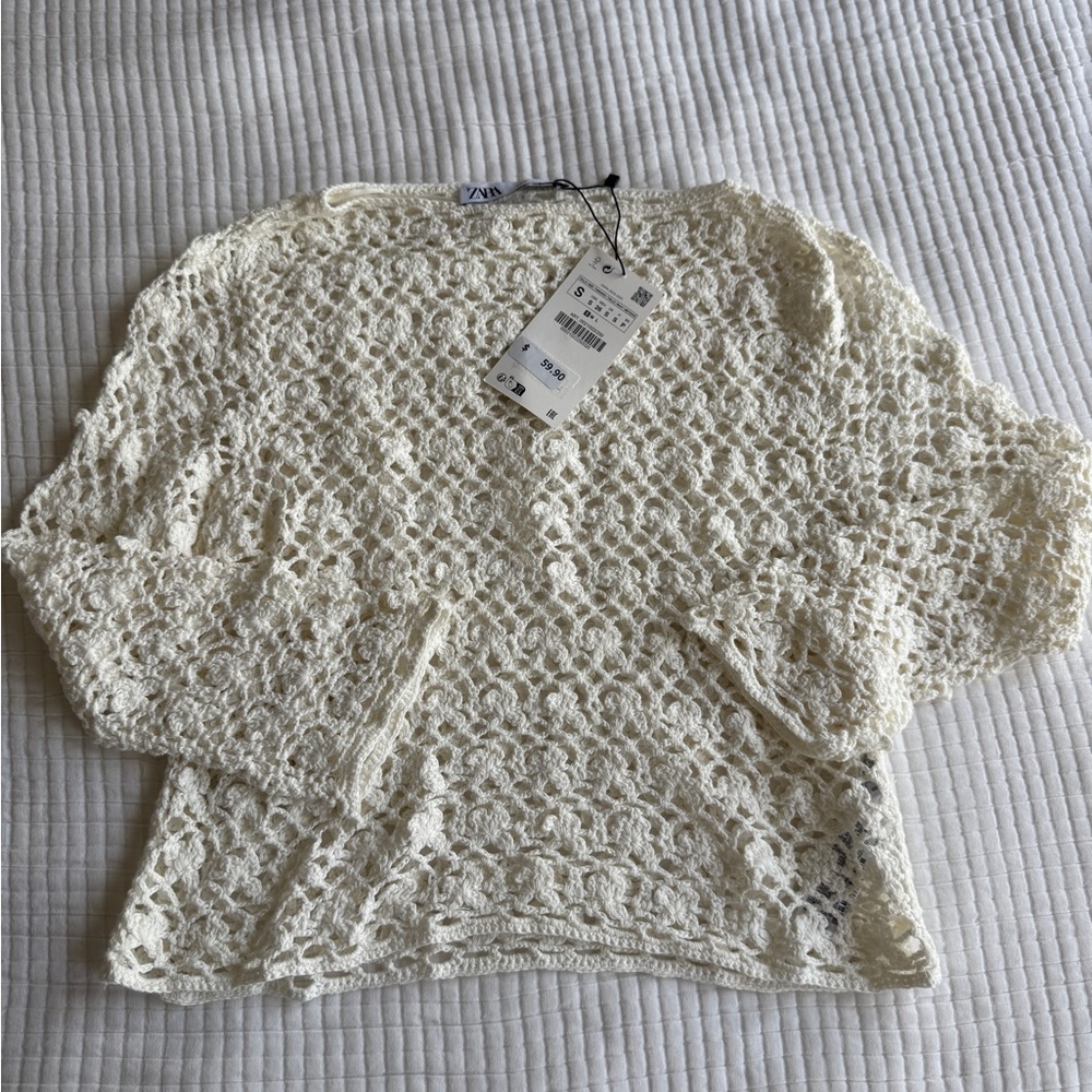 Zara Cream Crochet Knit Sweater